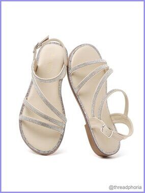 Rhinestone Strappy Dressy Flat Sandals Adjustable Ankle Strap